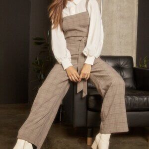 Lulus Autumn Essential Brown Plaid Sleeveless Wide Leg Jumpsuit - Size M